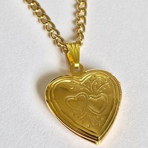 Vintage Gold Rose Flower Heart Locket Necklace Victorian Photo Charm 24" Plated